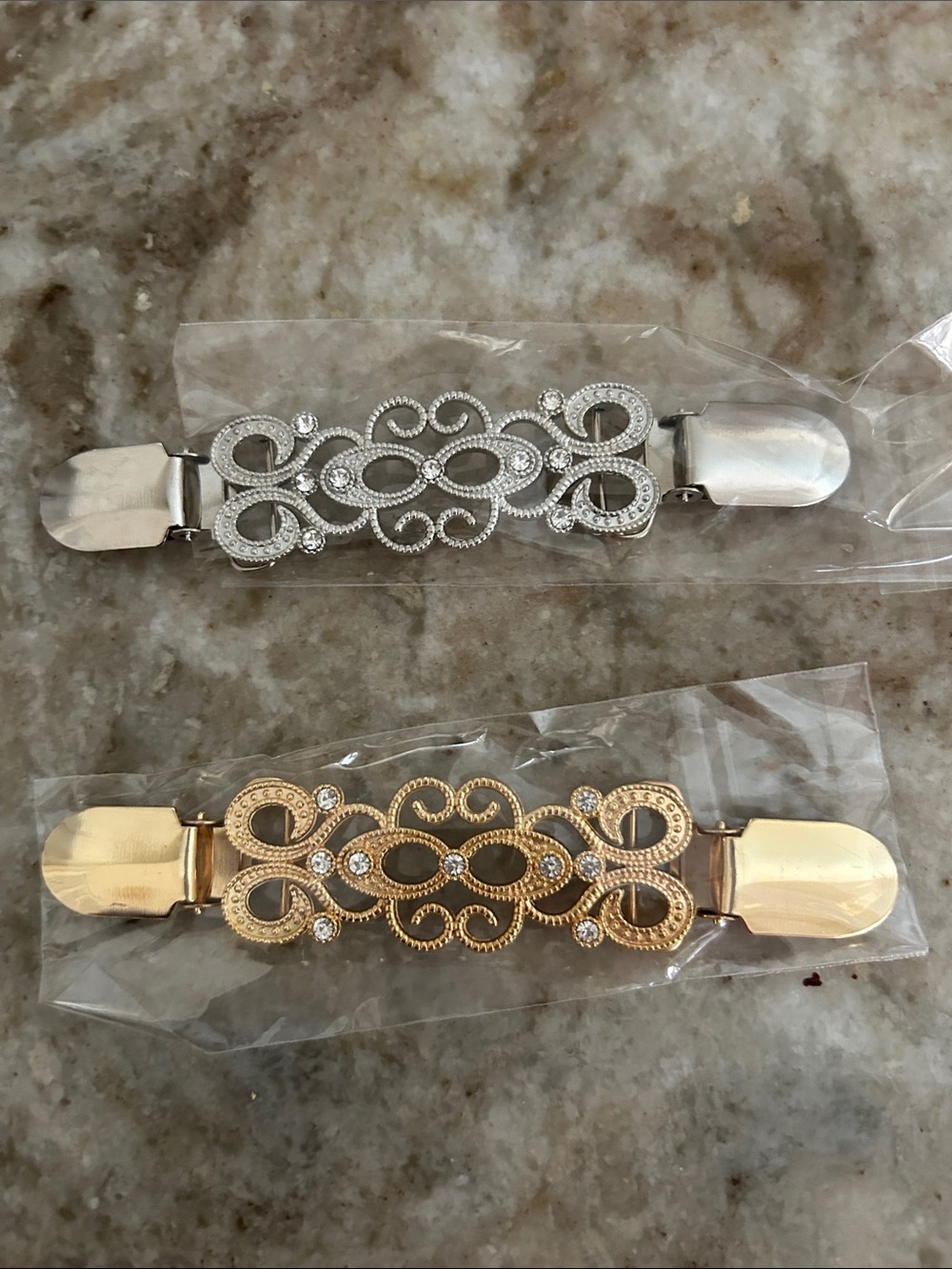 Elegant Scrollwork Cardigan Clips - Gold and Silver NWOT